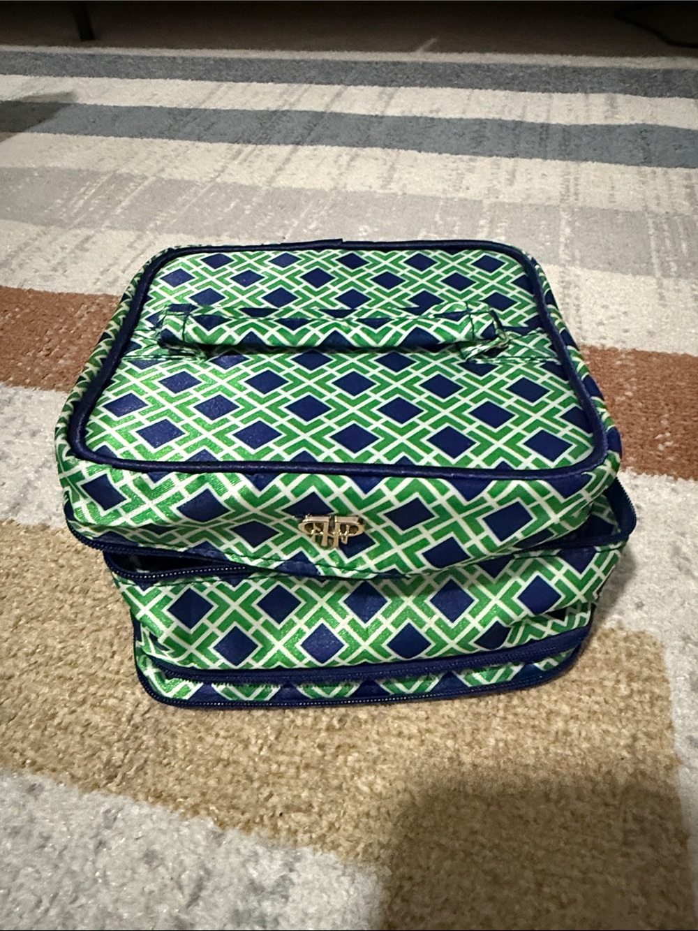 Green & Navy Patterned Travel Cosmetic Case